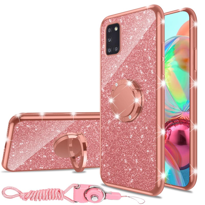 nancheng for Samsung Galaxy A31 Case Cute Girls Women Glitter TPU Phone Cover with Diamond Ring Stand & Strap Lanyard Shockproof Protection Case - Rose Gold - Image 1